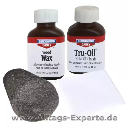 Hochglanz Holz Veredelungs-Set - Tru-Oil Holzöl und Holzwachs inklusive feine Stahlwolle und Mikrofaser-Vliestuch Hochglanz Holz Veredelungs-Set